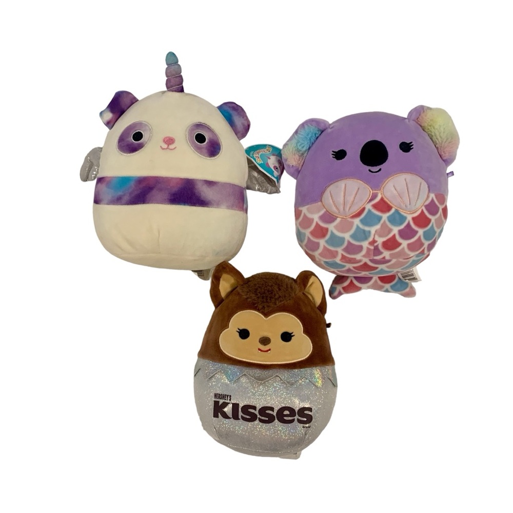 Lot of 8” Squishmallows, Lander NWT, Kayla & Hershey Kisses (pre-owned)